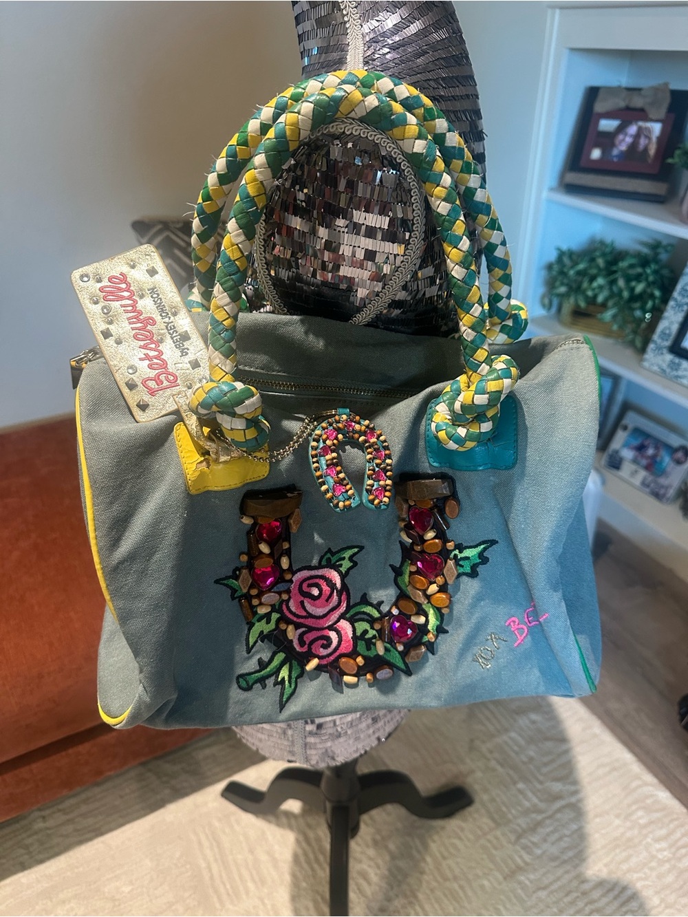 Super Rare Betsey Johnson Sage Green Tote with Yellow Trim and Teal Accents